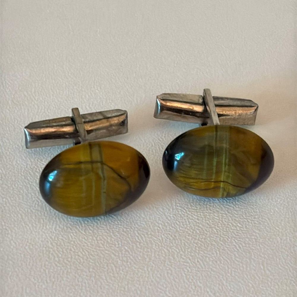 Vintage Tiger's Eye cufflinks silver Tone Brown Accents men's French cuffs